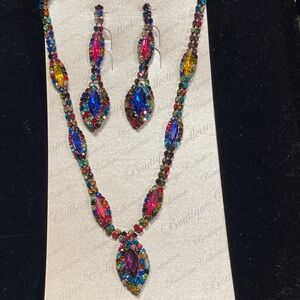 Multicolor Crystal Teardrop Necklace and Earring Set - Vibrant Gemstone Look